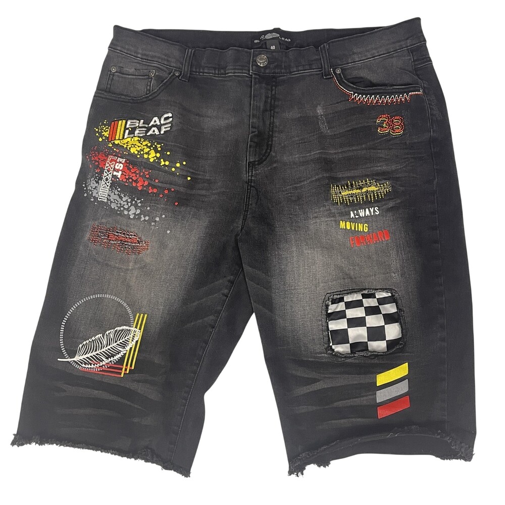 Blac Leaf Shorts Mens 40x13 Black Denim Graphic Distressed Raw Hem Streetwear